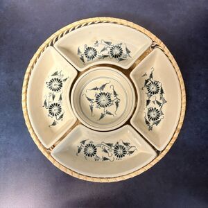 Serry 5 Piece Ceramic Appetizer Serving Set Blue Floral Wicker Basket 13"